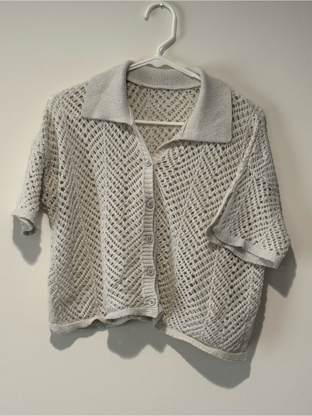 Light Gray Crochet Button-Front Crop Top with Collar
